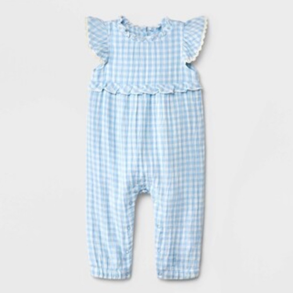 Blue and White Gingham Baby Pant Romper with Flutter Sleeves, Cat & Jack 3-6 M